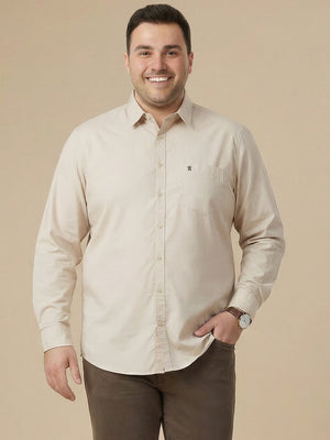 Beige Cotton Plus Size Regular Fit Spread Collar Long Sleeve Casual Shirt For Men
