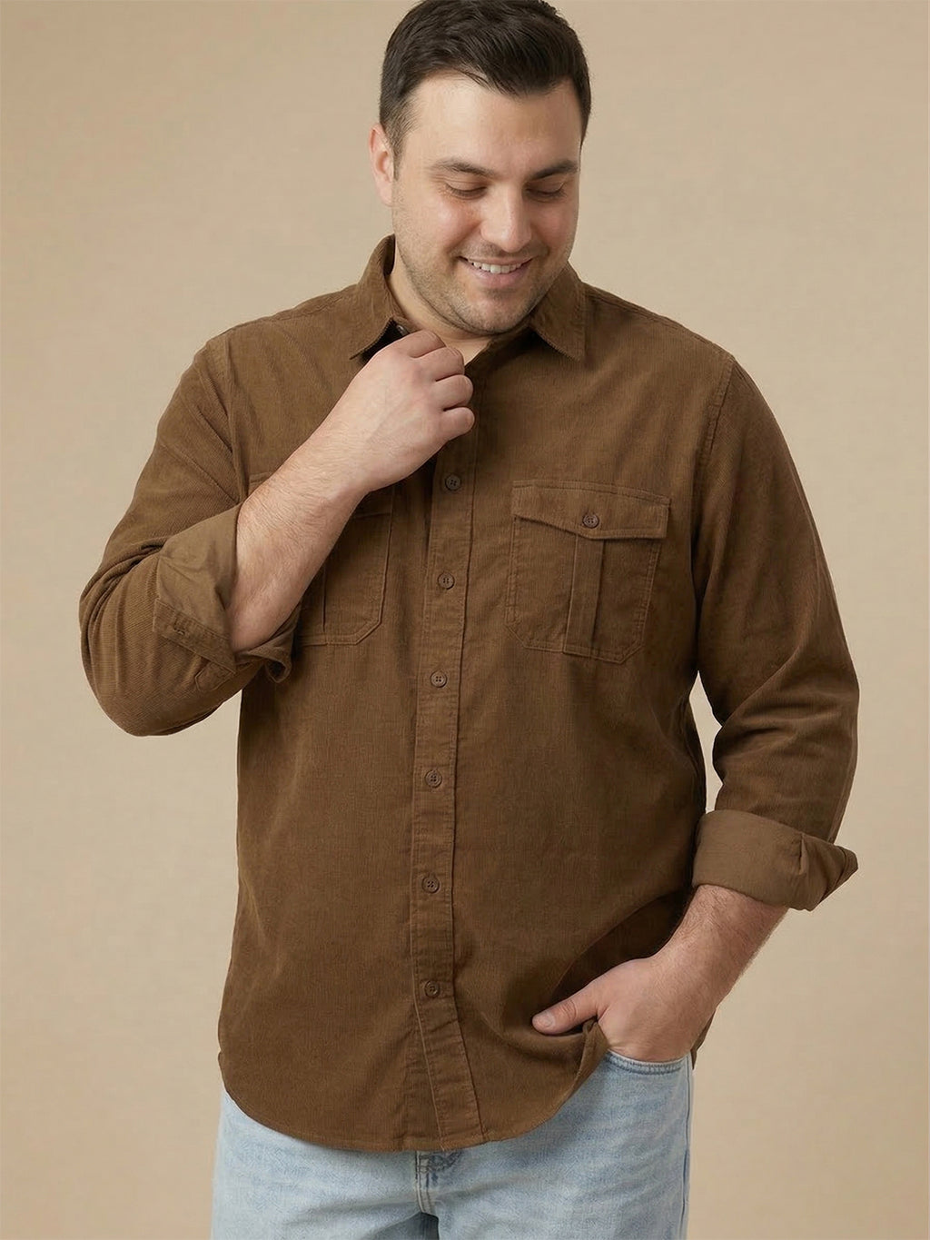 Thomas Scott Men Khaki Cotton Casual Shirt-Regular Fit Long Sleeve Textured Shirt with Spread Collar & Flap Pockets