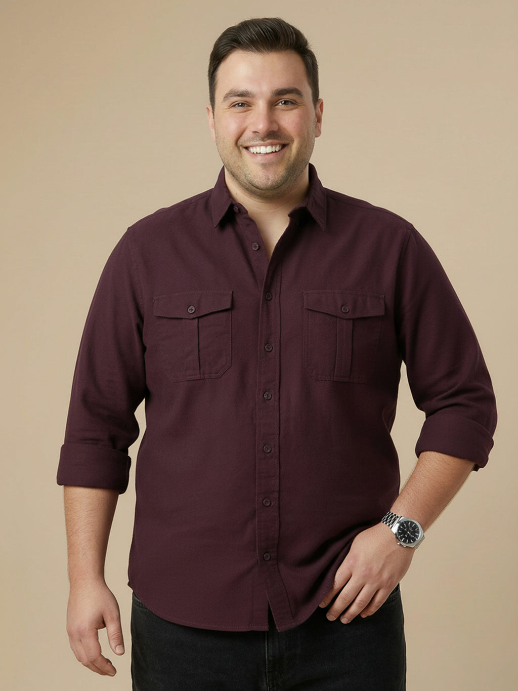 Thomas Scott Men Wine Cotton Casual Shirt-Regular Fit Long Sleeve Textured Shirt with Spread Collar & Flap Pockets
