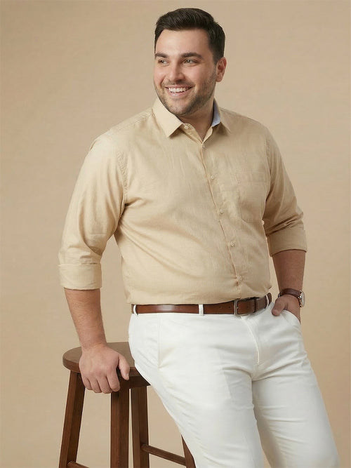 Thomas Scott Men Beige Plus Size Smart Long Sleeves Regular Fit Spread Collar Solid 100% Cotton Formal Shirt