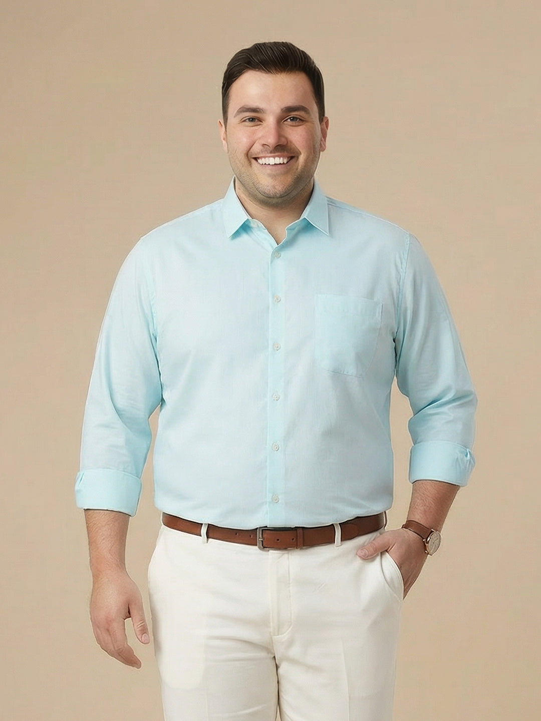 Thomas Scott Men Aqua Plus Size Smart Regular Fit Long Sleeves Spread Collar 100% Cotton Solid Formal Shirt
