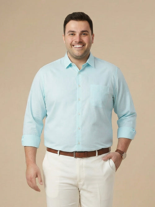 Thomas Scott Men Aqua Plus Size Smart Regular Fit Long Sleeves Spread Collar 100% Cotton Solid Formal Shirt