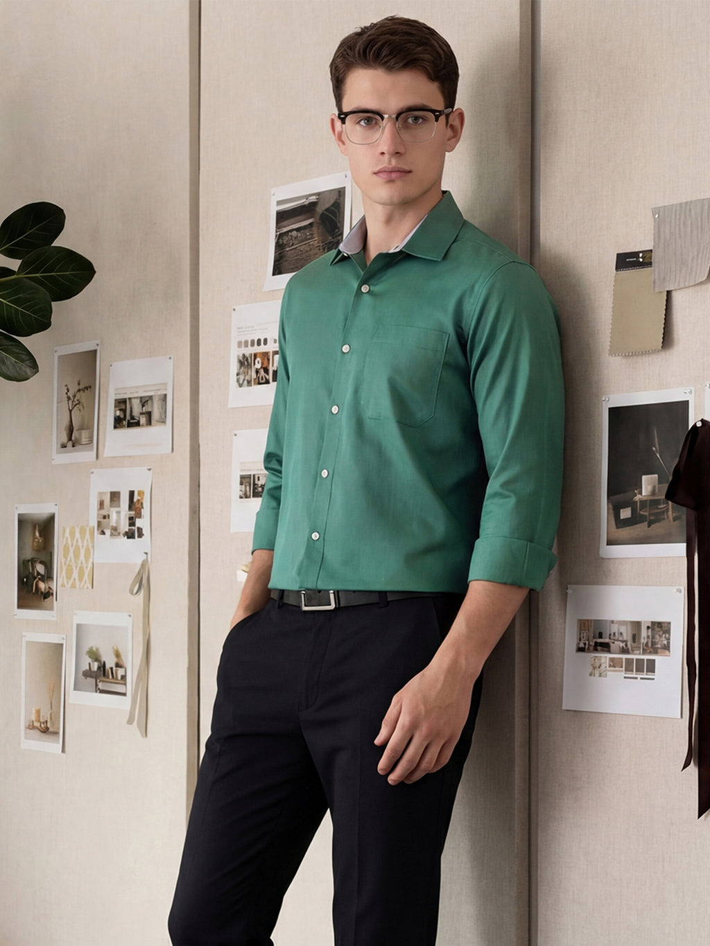 Thomas Scott Men Green Regular Fit Long Sleeves Spread Collar with Contrast Fabric Solid 100% Cotton Formal Shirt