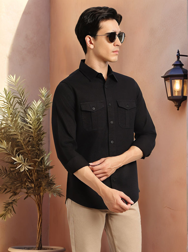 Thomas Scott Men Black Cricket Club Collection Men Slim Fit Cotton Casual Shirt-Dual Flap Pocket