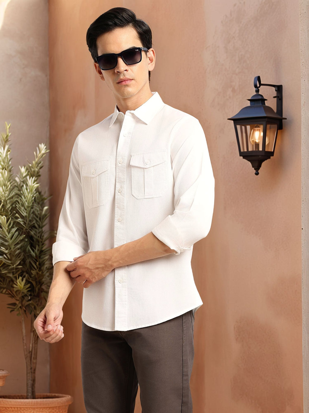 Thomas Scott Men White Cricket Club Collection Men Slim Fit Cotton Casual Shirt-Dual Flap Pocket