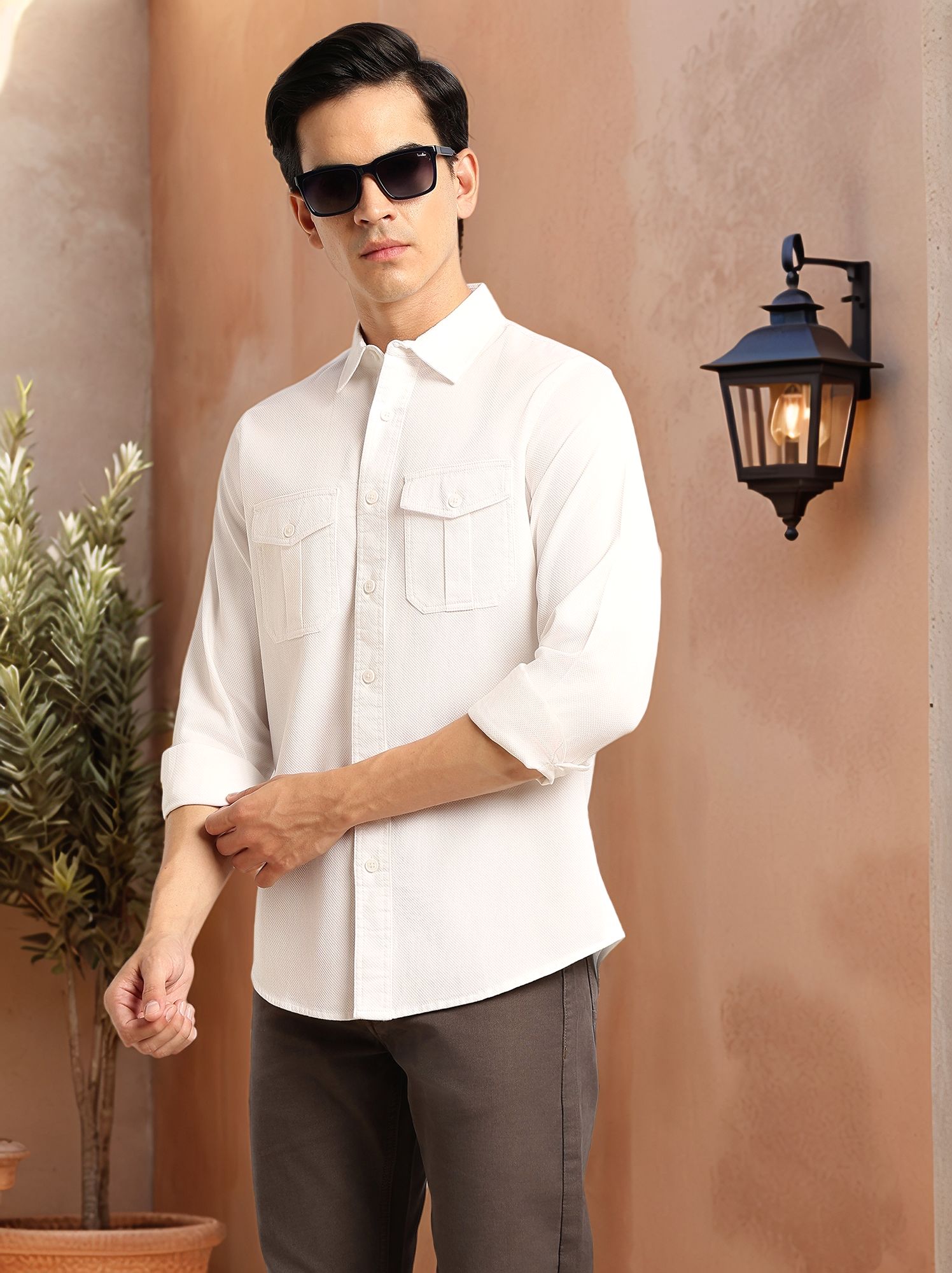 Thomas Scott Men White Cricket Club Collection Men Slim Fit Cotton Casual Shirt-Dual Flap Pocket