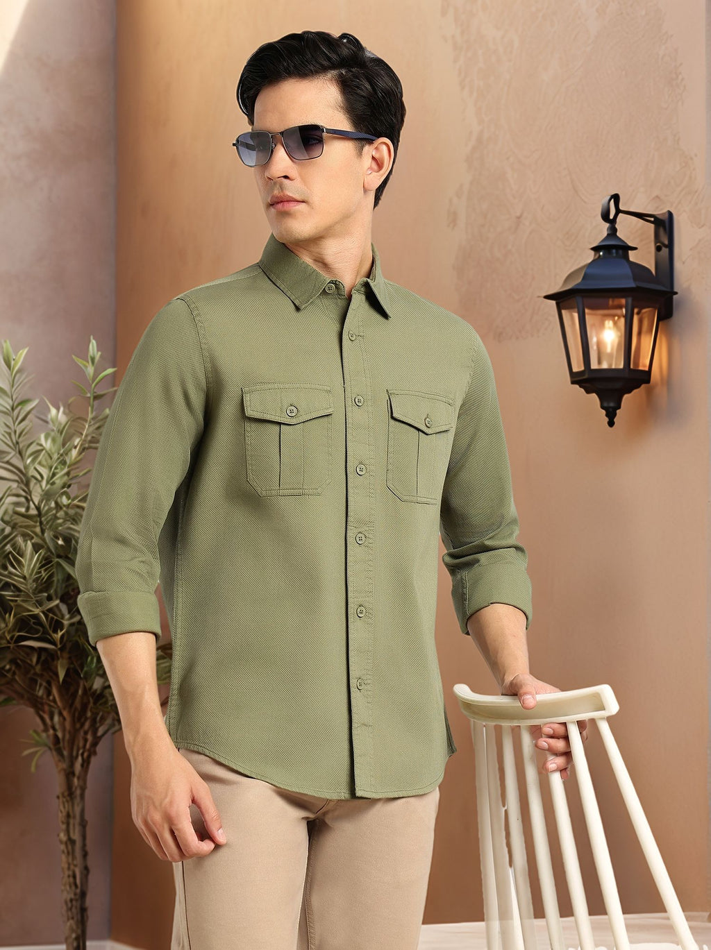 Thomas Scott Men Olive Cricket Club Collection Men Slim Fit Cotton Casual Shirt-Dual Flap Pocket
