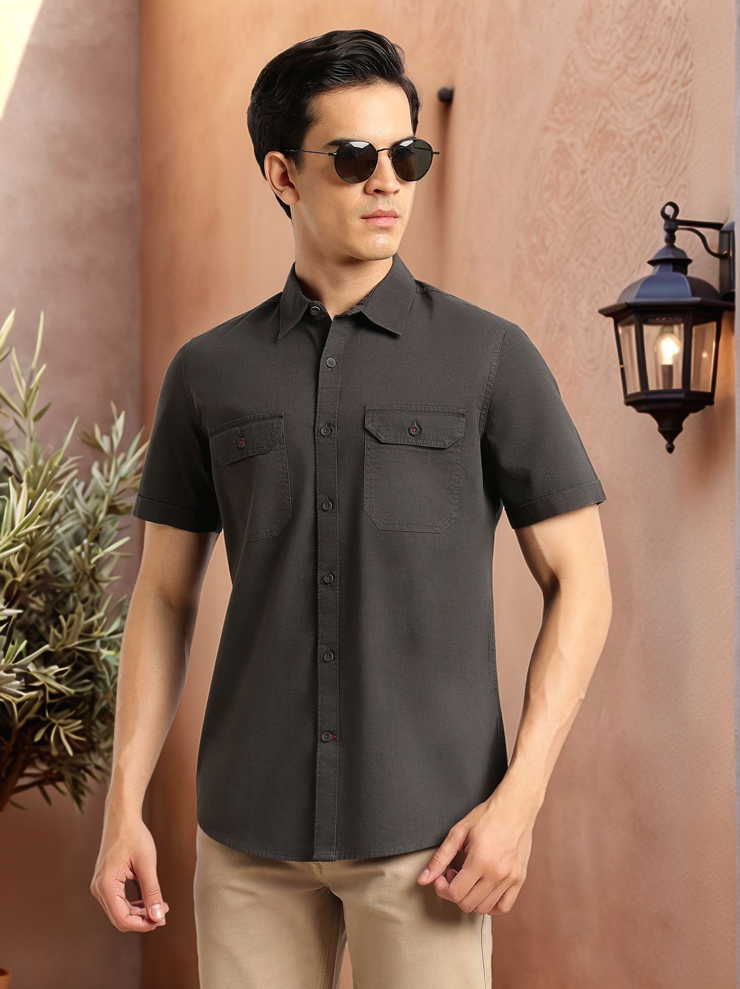 Steel Grey Men Cricket Club Collection Premium Slim Fit Casual Shirt For Men-Dual Flap Pockets With Short Sleeves