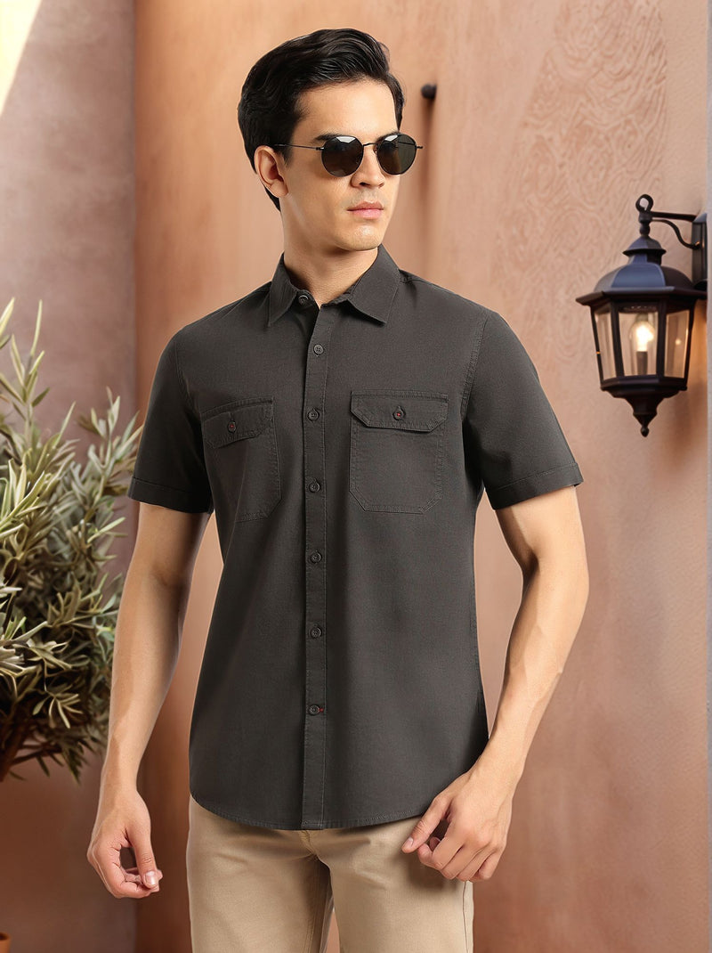 Thomas Scott Men Steel Grey Men Cricket Club Collection Premium Slim Fit Casual Shirt-Dual Flap Pockets With Short Sleeves