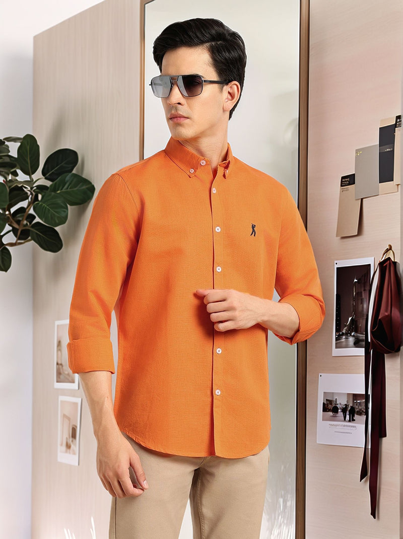 Thomas Scott Men Orange Premium Cricket Club Collection Slim Fit Button Down Collar Cotton Linen Casual Shirt