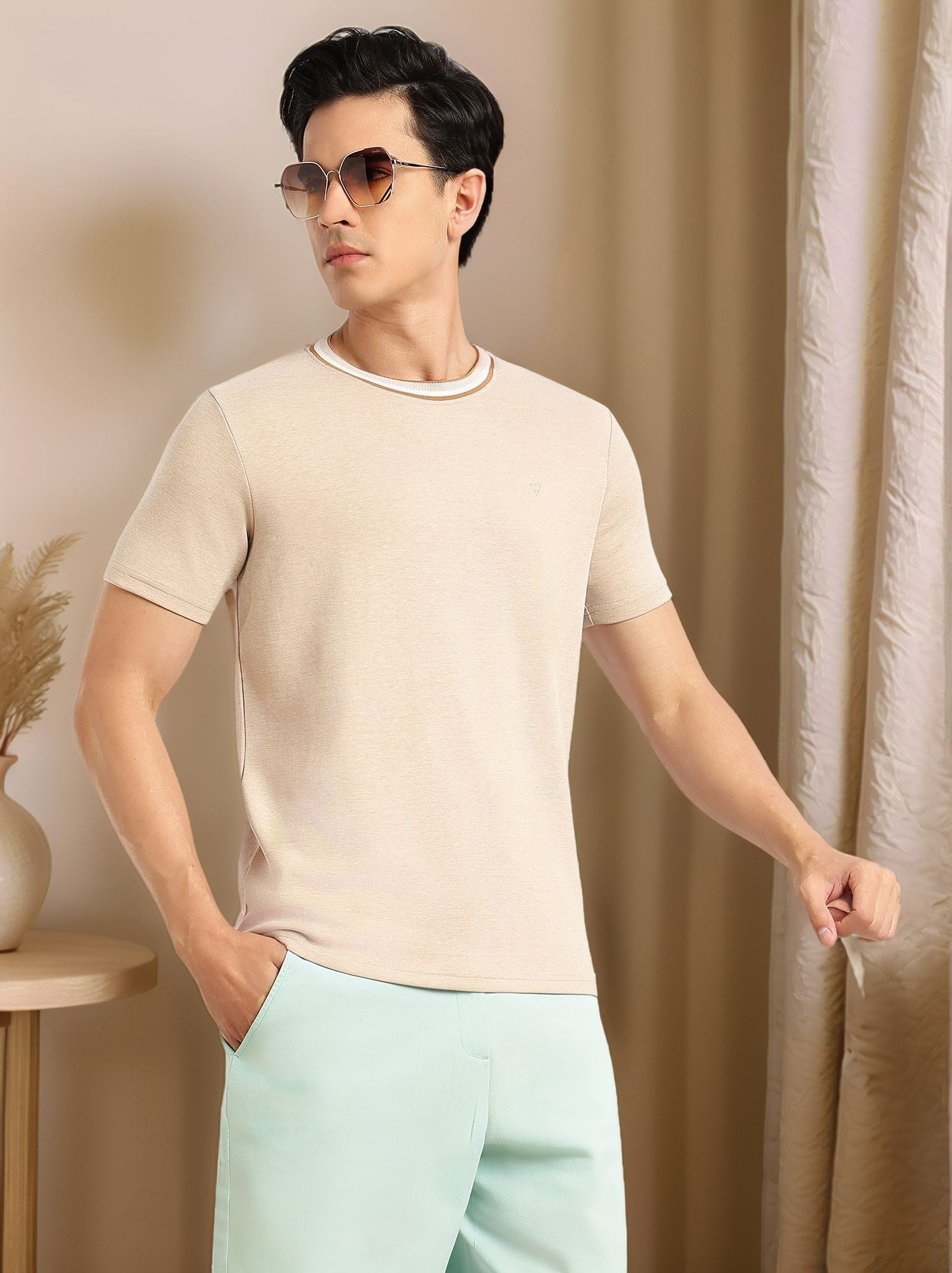 Thomas Scott Men Beige Regular Fit Short Sleeves Round Neck Solid Knitted Tshirt