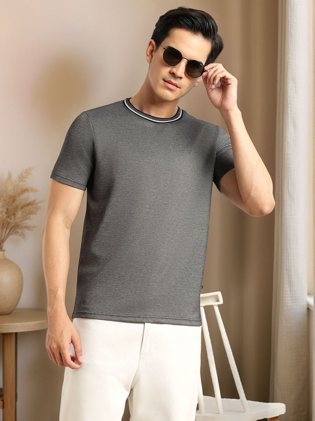 Thomas Scott Men Black Regular Fit Short Sleeves Round Neck Solid Knitted Tshirt