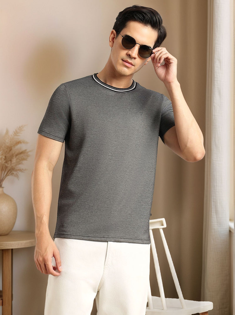 Thomas Scott Men Black Regular Fit Short Sleeves Round Neck Solid Knitted Tshirt