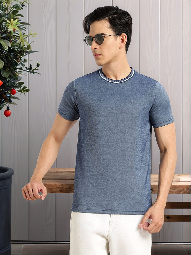 Thomas Scott Men Navy Regular Fit Short Sleeves Round Neck Solid Knitted Tshirt