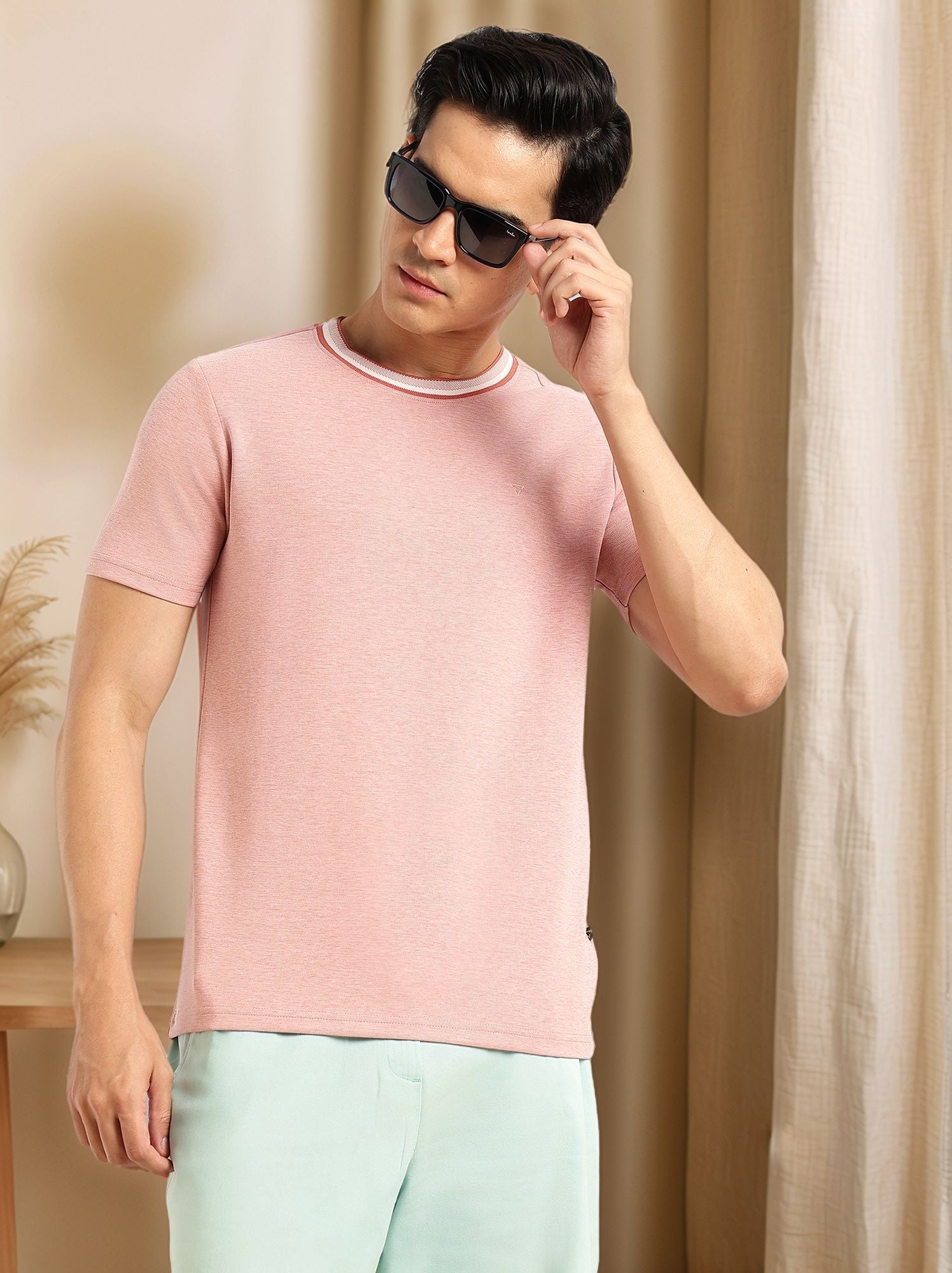 Thomas Scott Men Peach Regular Fit Short Sleeves Round Neck Solid Knitted Tshirt