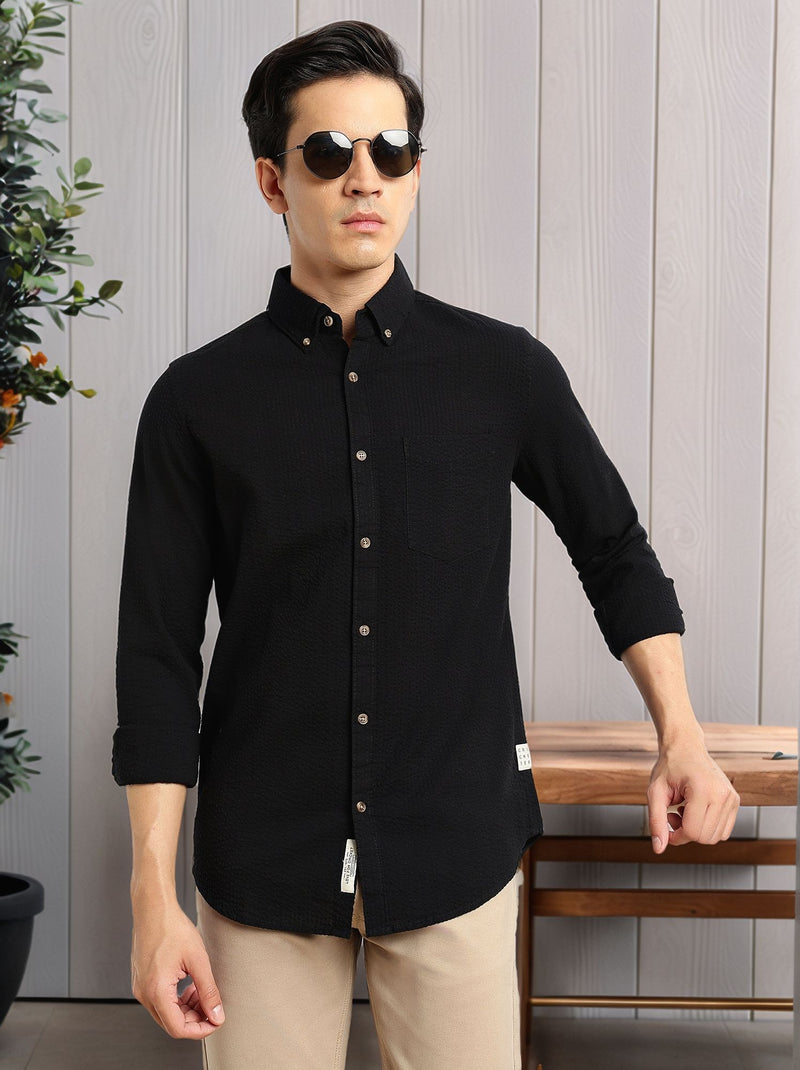 Thomas Scott Men Black Premium Slim Fit Long Regular Sleeves Button-Down Collar Pinstripes 100% Cotton Seersucker Casual Shirt