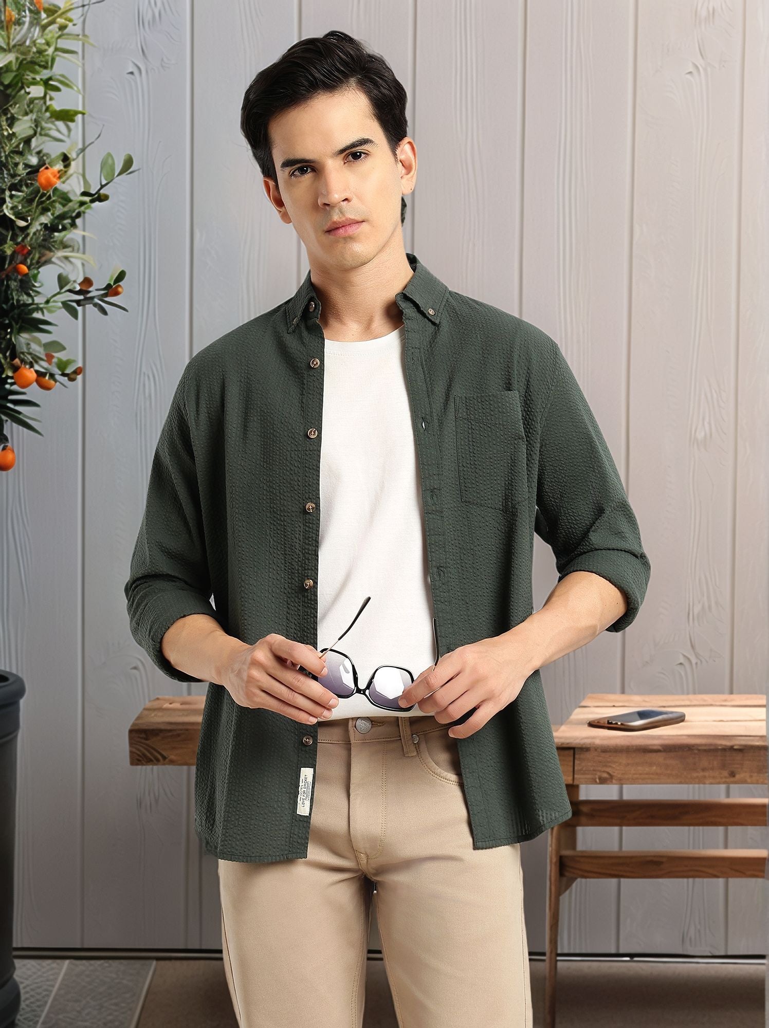 Thomas Scott Men Olive Premium Slim Fit Long Regular Sleeves Button-Down Collar Pinstripes 100% Cotton Seersucker Casual Shirt