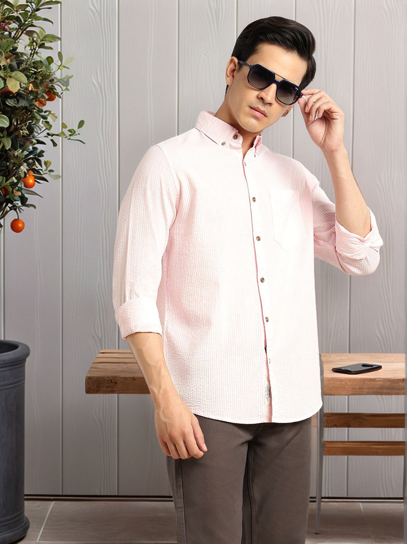 Thomas Scott Men Pink Premium Slim Fit Long Regular Sleeves Button-Down Collar Pinstripes 100% Cotton Seersucker Casual Shirt