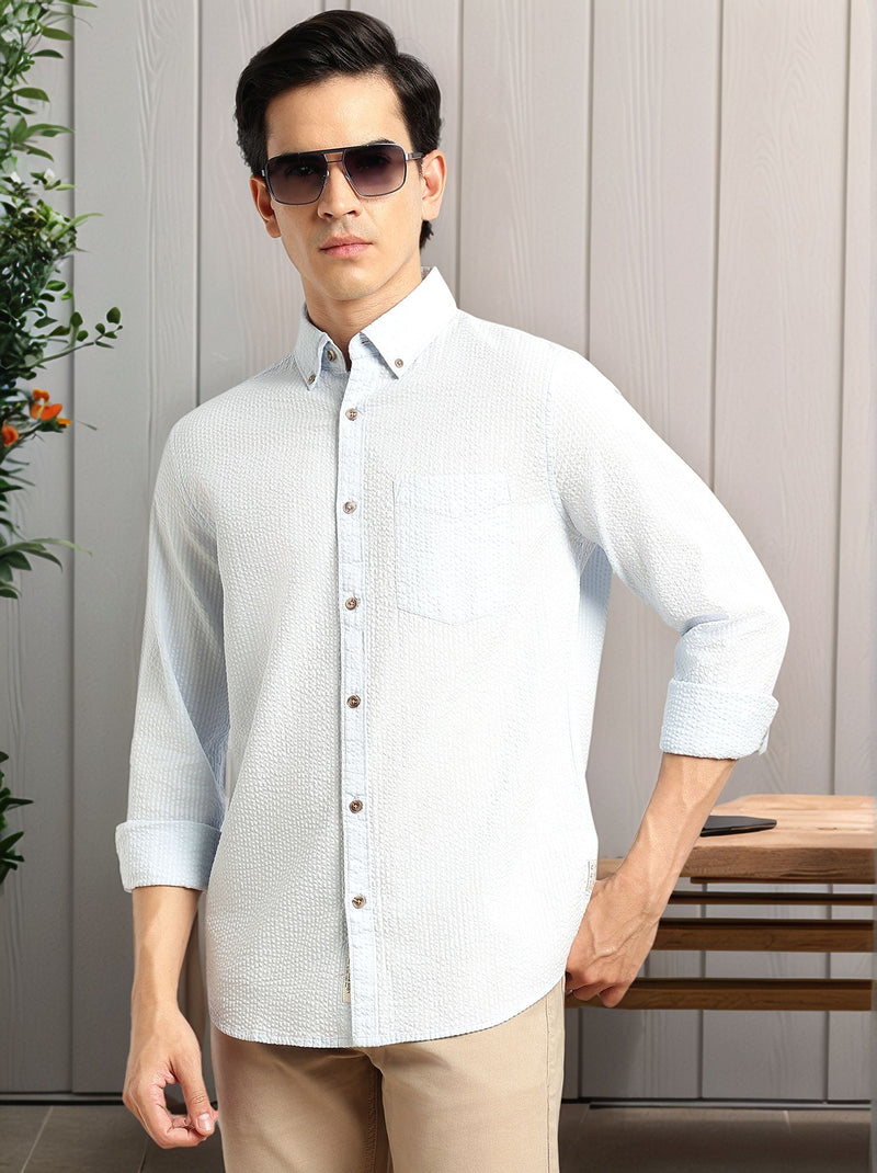 Thomas Scott Men Sky Blue Premium Slim Fit Long Regular Sleeves Button-Down Collar Pinstripes 100% Cotton Seersucker Casual Shirt