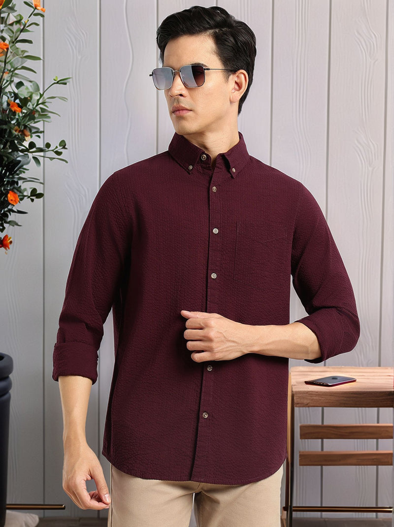 Thomas Scott Men Wine Premium Slim Fit Long Regular Sleeves Button-Down Collar Pinstripes 100% Cotton Seersucker Casual Shirt