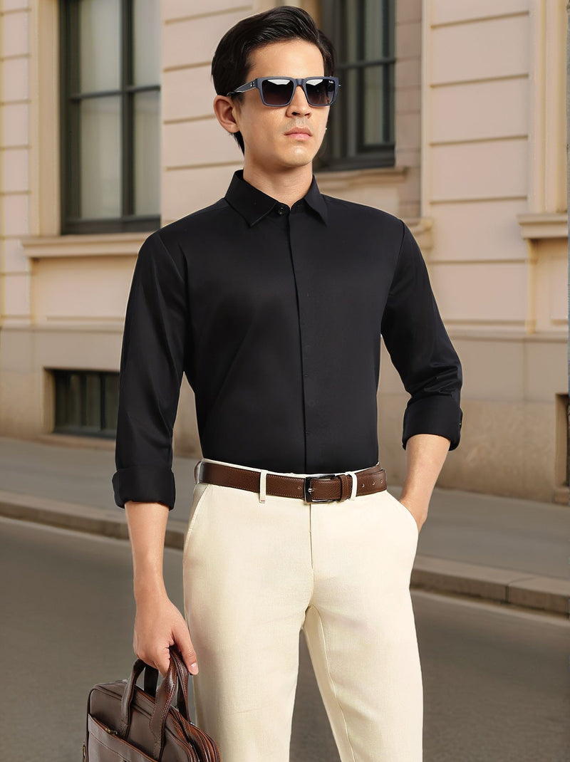 Thomas Scott Men Black Premium Long Sleeves Regular Fit Spread Collar Solid 100% Cotton Formal Shirt