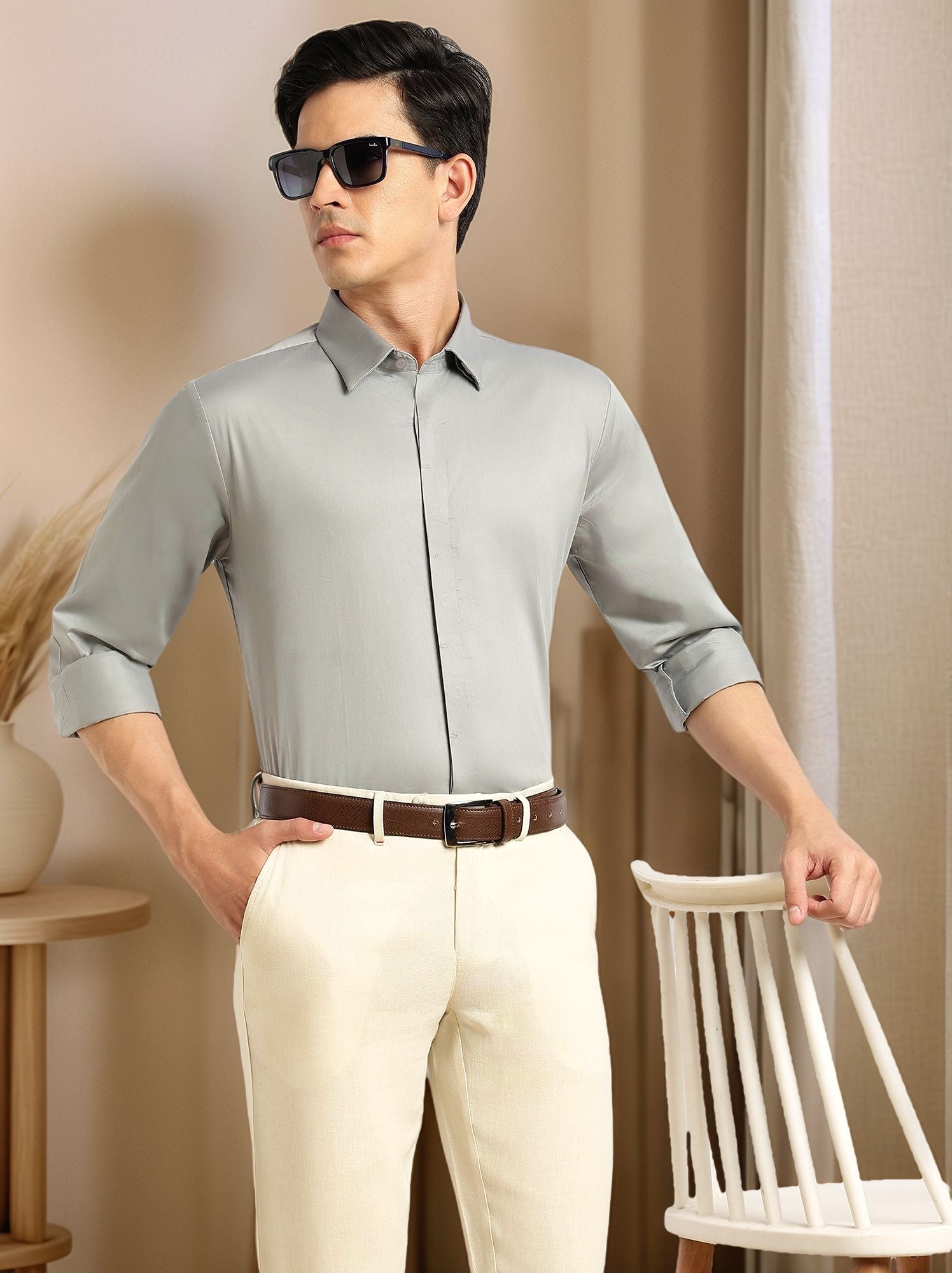 Thomas Scott Men Grey Premium Long Sleeves Regular Fit Spread Collar Solid 100% Cotton Formal Shirt
