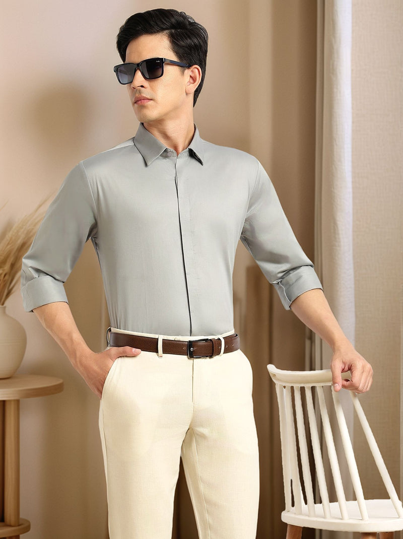 Thomas Scott Men Grey Premium Long Sleeves Regular Fit Spread Collar Solid 100% Cotton Formal Shirt