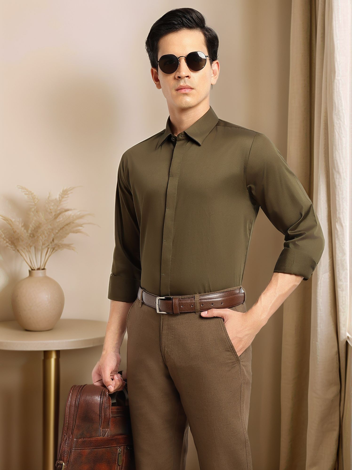 Thomas Scott Men Olive Premium Long Sleeves Regular Fit Spread Collar Solid 100% Cotton Formal Shirt