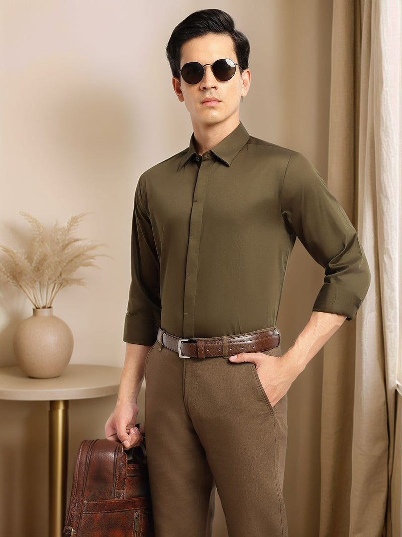 Thomas Scott Men Olive Premium Long Sleeves Regular Fit Spread Collar Solid 100% Cotton Formal Shirt