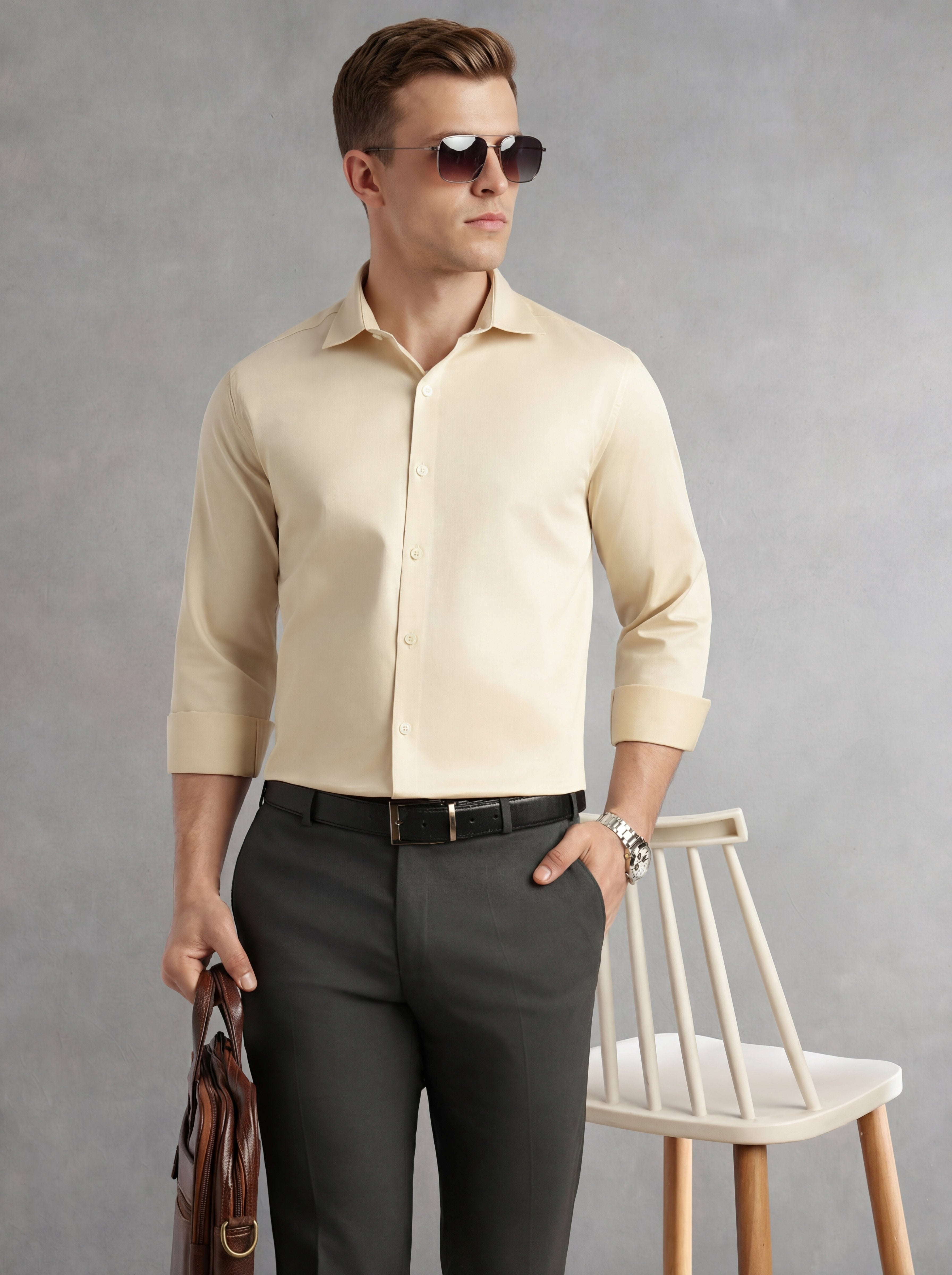Thomas Scott Men Beige Regular Fit Long Sleeves Spread Collar Solid 100% Cotton Formal Shirt