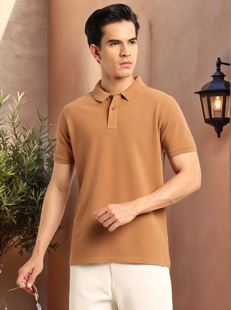 Thomas Scott Men Yellow Short Sleeves Regular Fit Solid 100% Cotton Polo Collar Knitted T-shirt