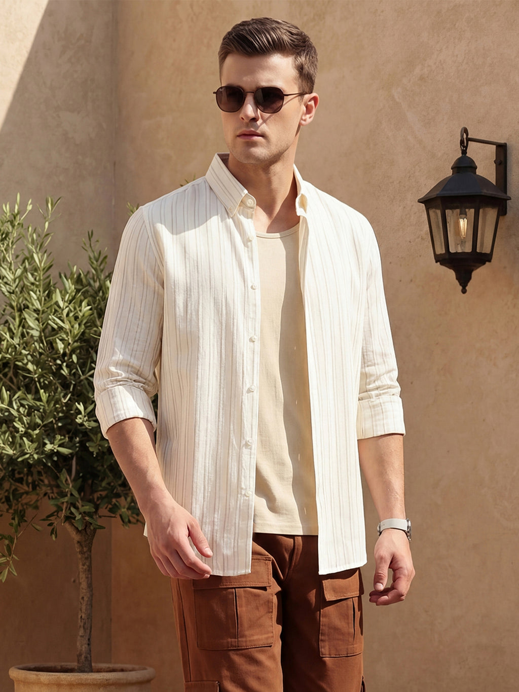 Thomas Scott Men Beige Slim Fit Long Sleeve Button-Down Collar Vertical Striped Linen Casual Shirt