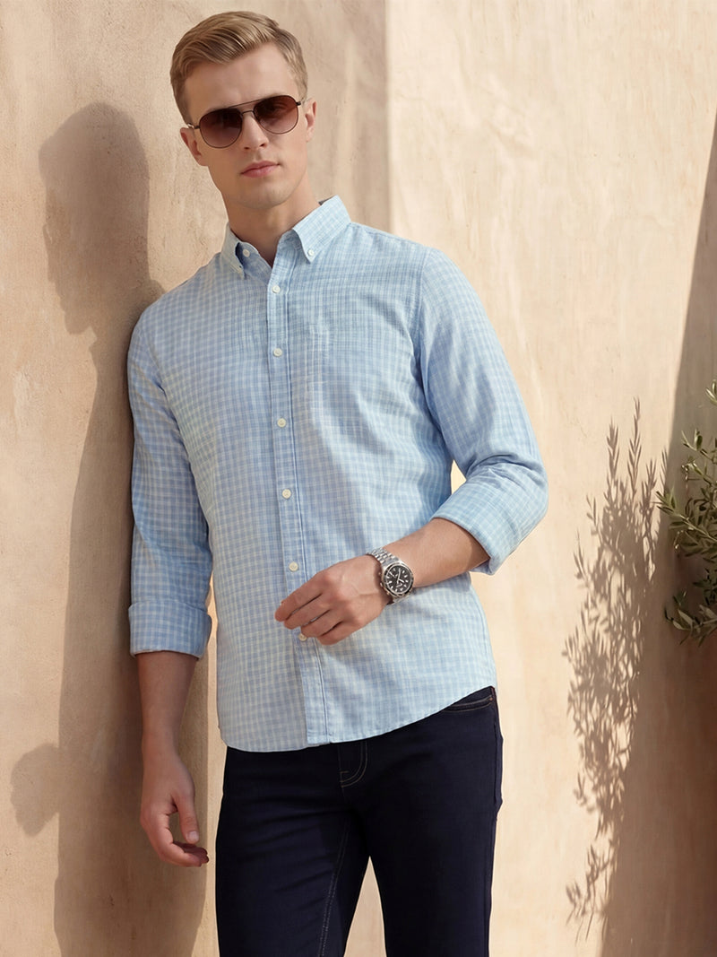 Thomas Scott Men Blue Slim Fit Long Sleeves Button-Down Collar Gingham Checks Linen Casual Shirt