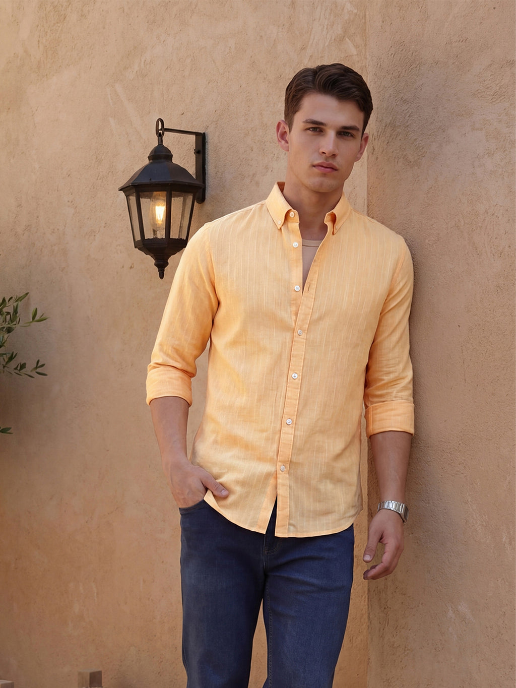 Thomas Scott Men Orange Slim Fit Long Regular Sleeves Vertical Striped Button-Down Collar Linen Casual Shirt