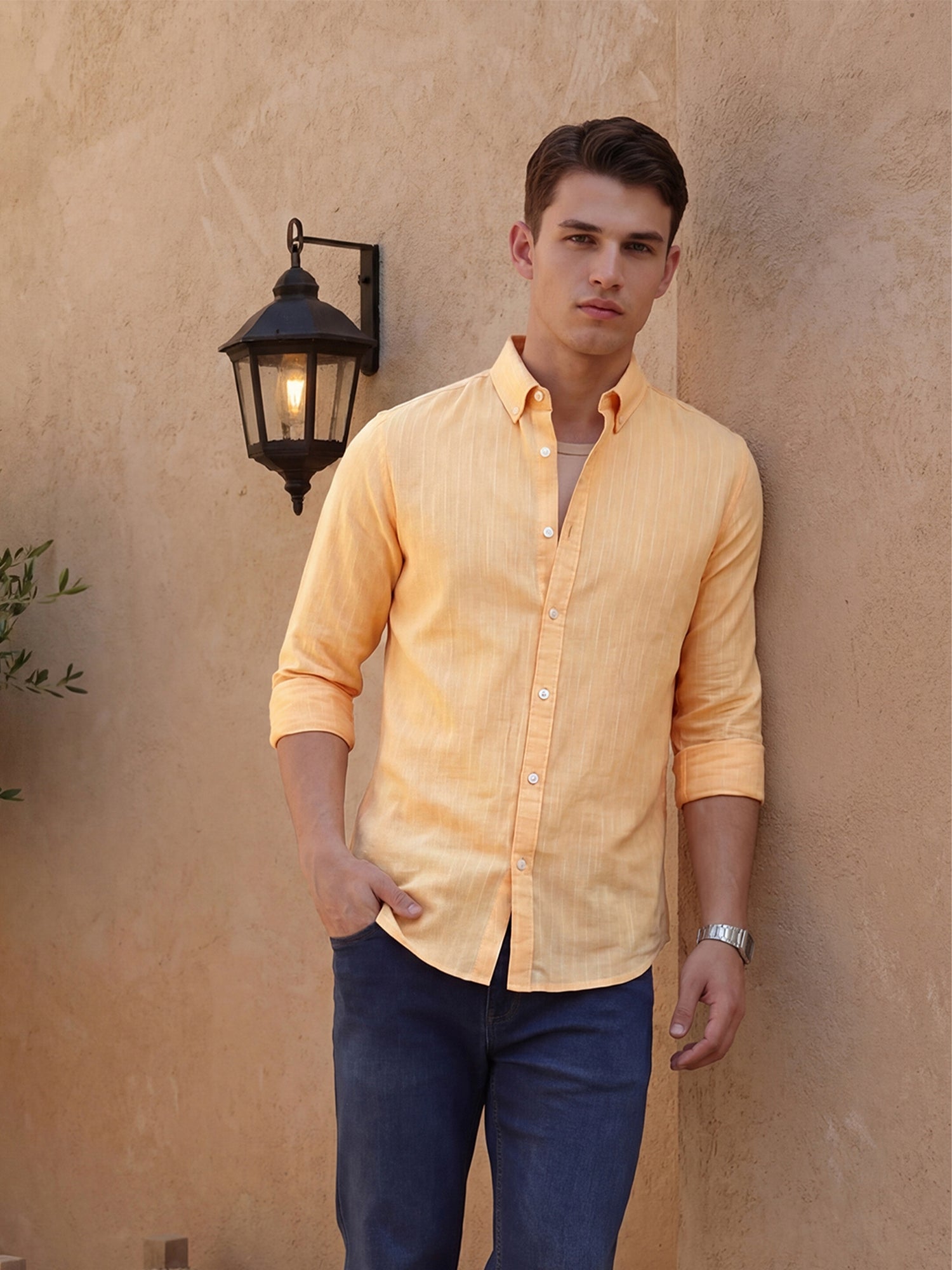 Thomas Scott Men Orange Slim Fit Long Regular Sleeves Vertical Striped Button-Down Collar Linen Casual Shirt