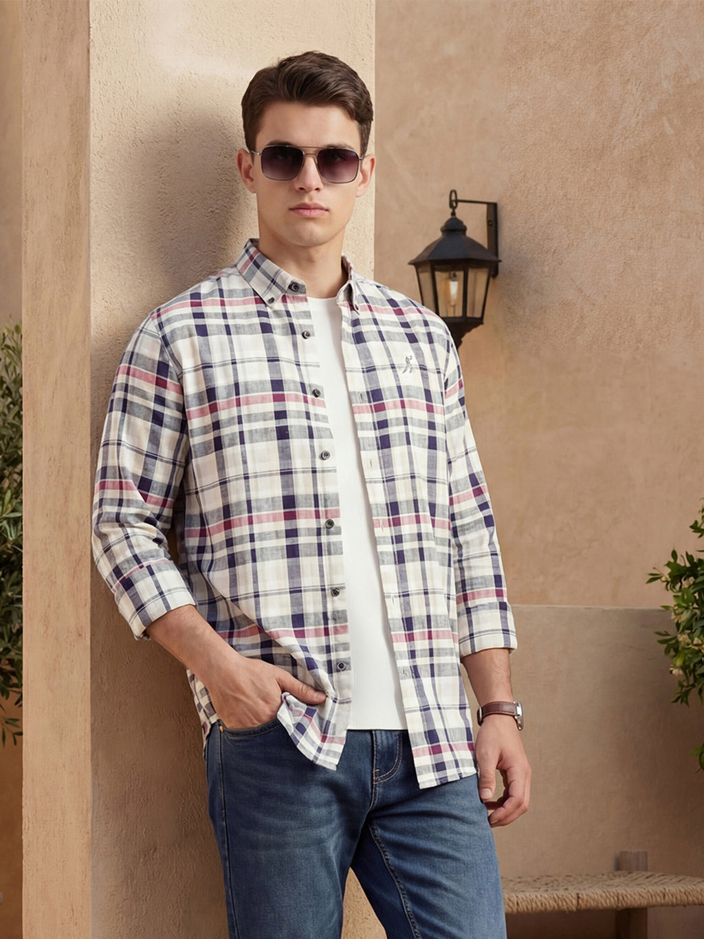 Thomas Scott Men White Cricket Club Collection Slim Fit Long Sleeves Button-Down Collar Cotton Linen Plaid Check Shirt