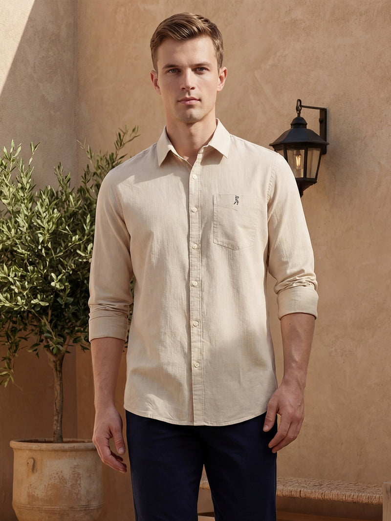 Thomas Scott Men Beige Cricket Club Collection Slim Fit Long Sleeves Spread Collar Solid Cotton Linen Shirt