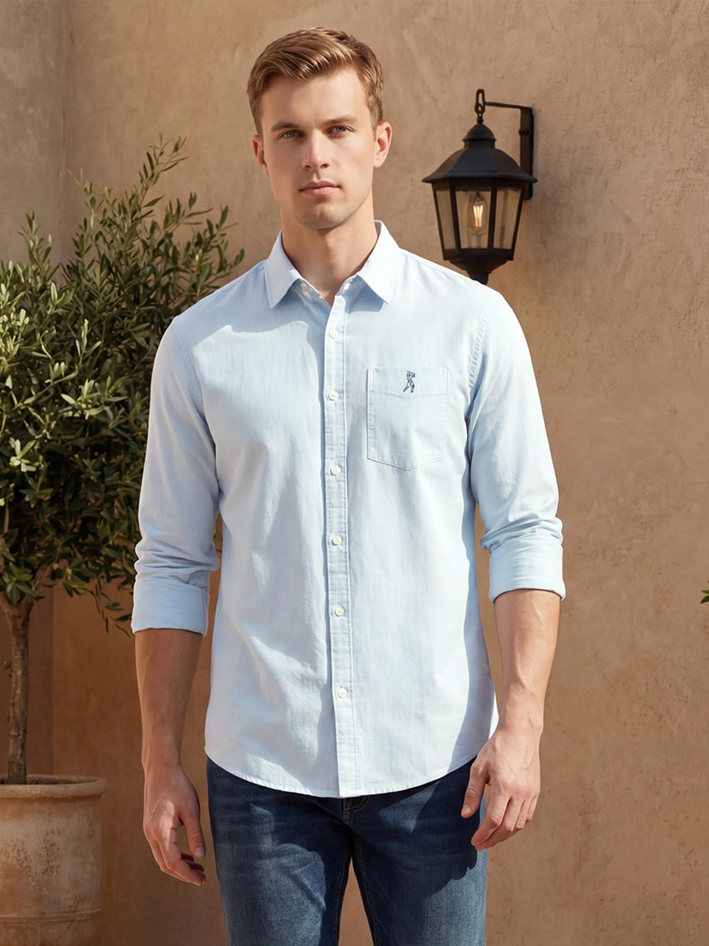 Thomas Scott Men Sky Blue Cricket Club Collection Slim Fit Long Sleeves Spread Collar Solid Cotton Linen Shirt
