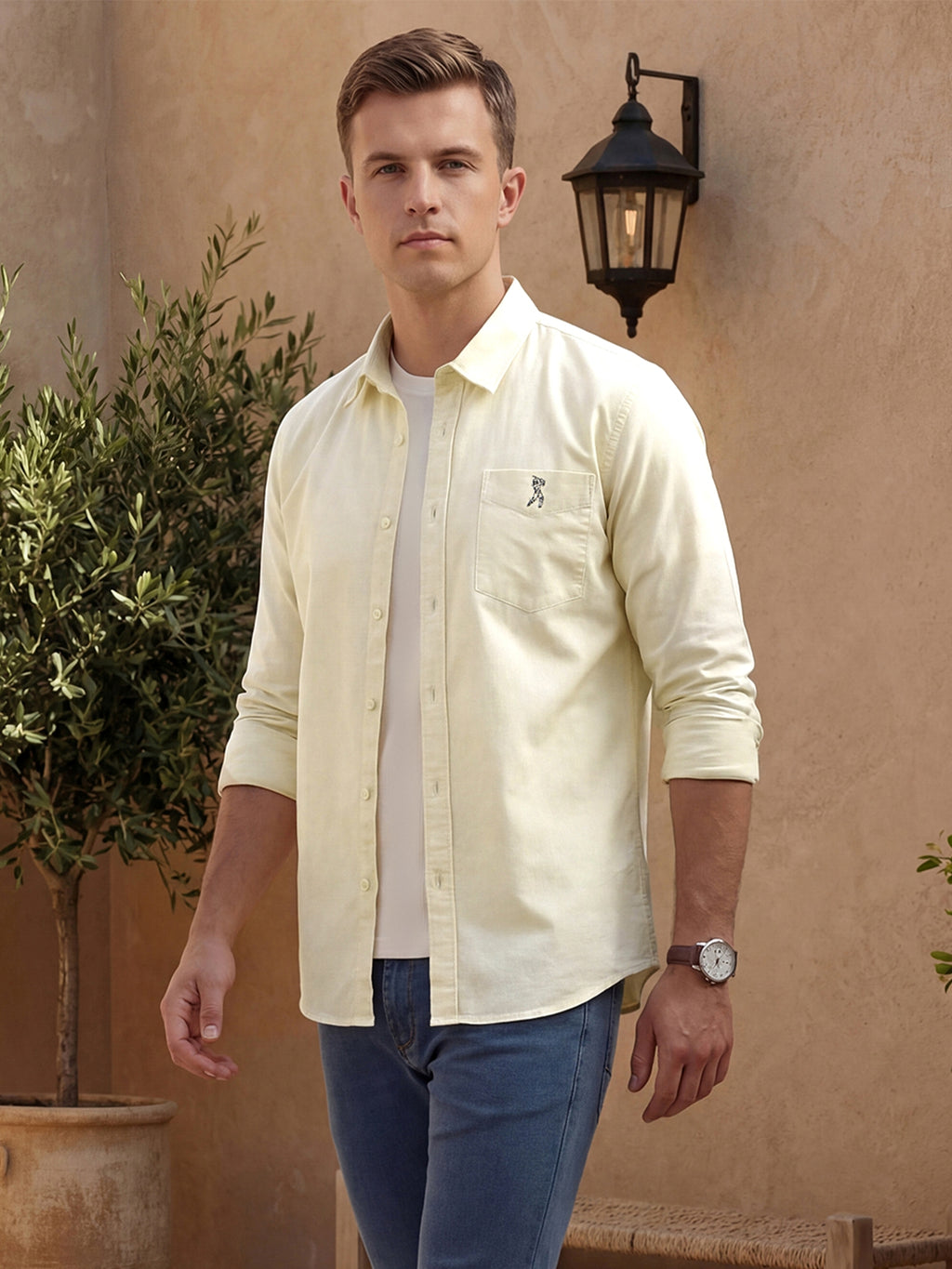 Thomas Scott Men Yellow Cricket Club Collection Slim Fit Long Sleeves Spread Collar Solid Cotton Linen Shirt