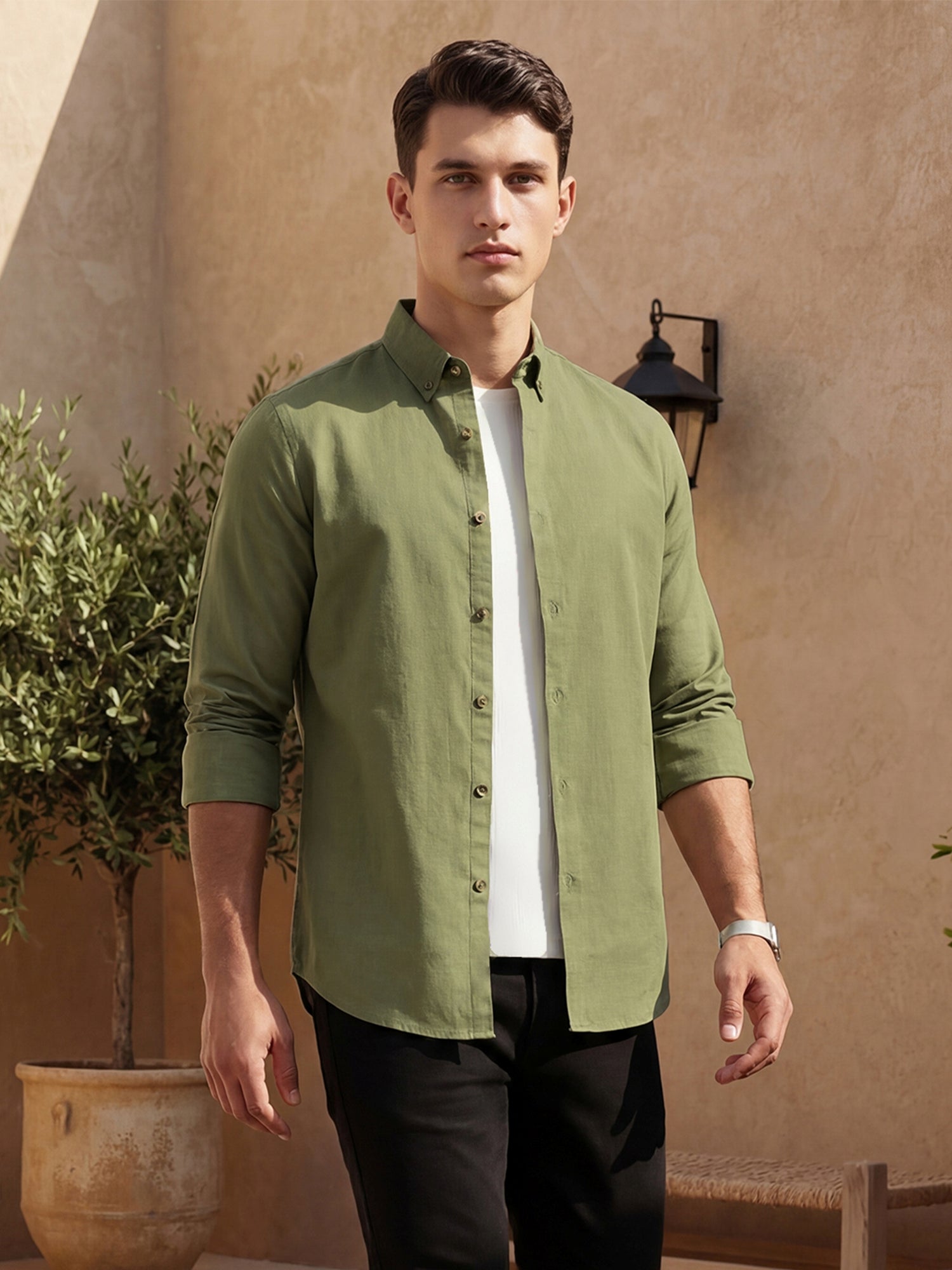 Thomas Scott Men Olive Long Regular Sleeves Slim Fit Button-Down Collar Solid Linen Casual Shirt
