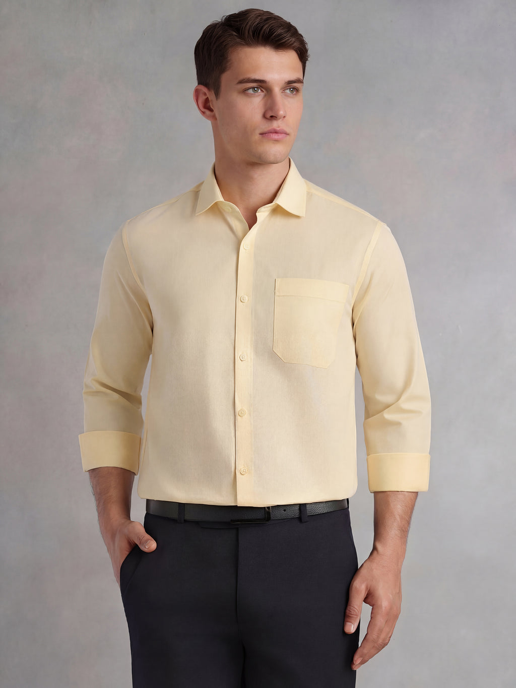 Thomas Scott Men Lemon Regular Fit Long Sleeves Spread Collar with Twill Tape Solid 100% Cotton Formal Shirt
