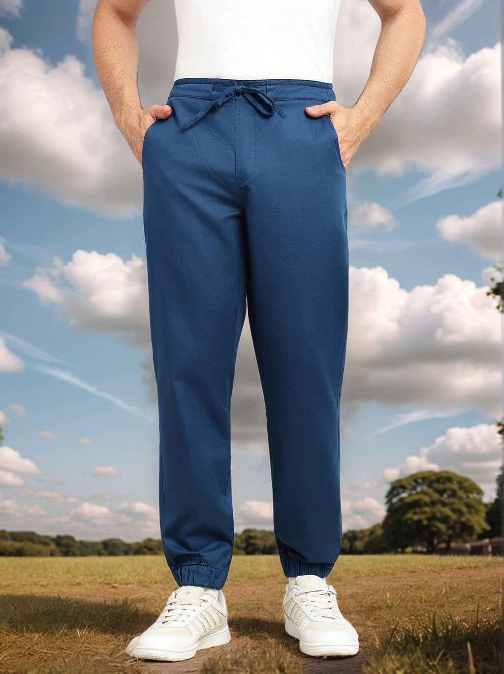 Thomas Scott Men Blue Cricket Club Collection Regular Fit Mid-Rise Woven Joggers with Drawstring & 4 Utility Pockets