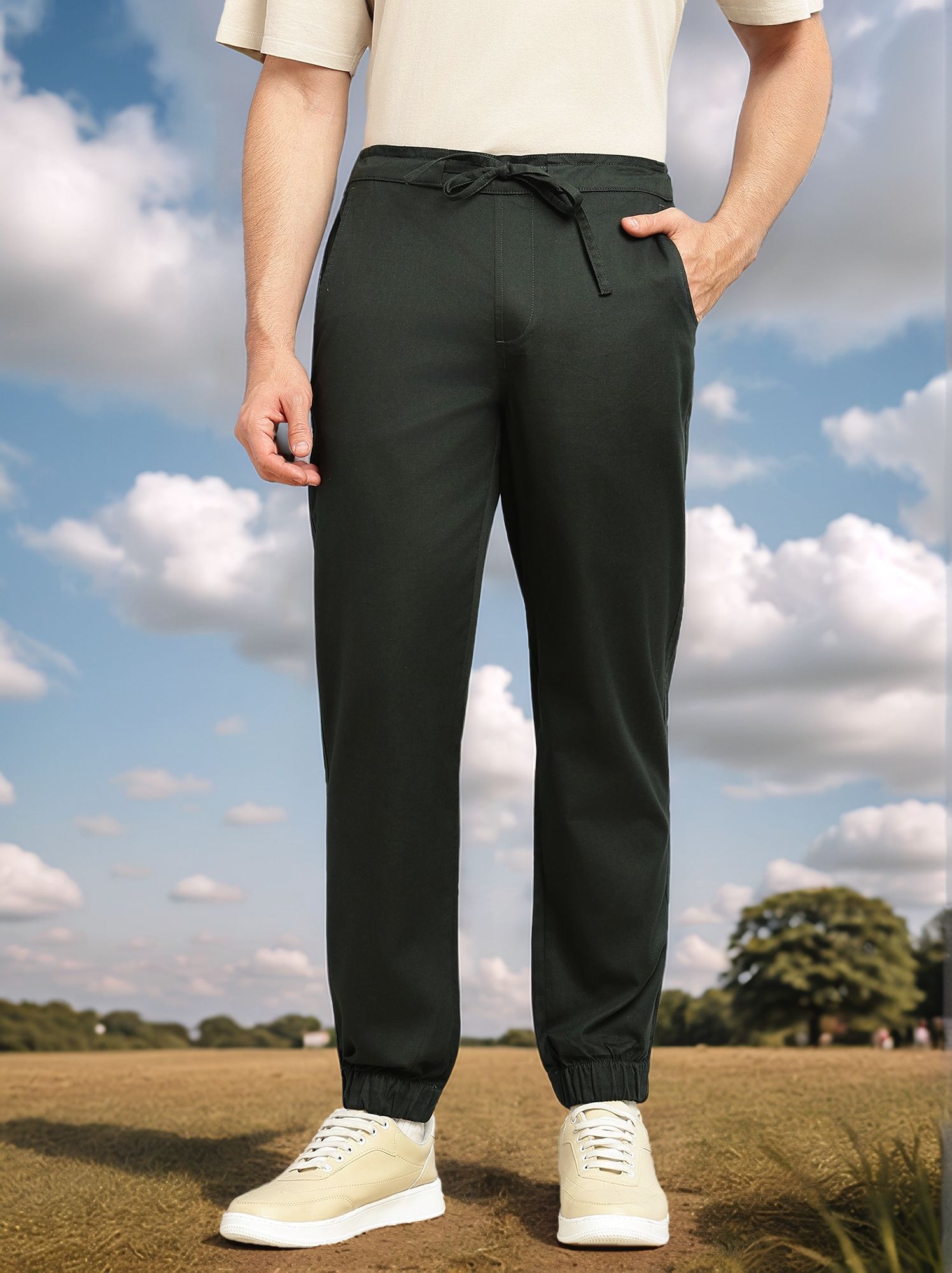 Thomas Scott Men Bottle Green Cricket Club Collection Regular Fit Mid-Rise Woven Joggers with Drawstring & 4 Utility Pockets
