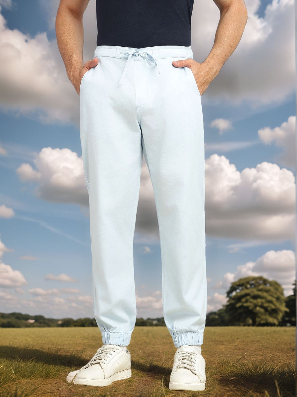 Thomas Scott Men Sky Blue Cricket Club Collection Regular Fit Mid-Rise Woven Joggers with Drawstring & 4 Utility Pockets