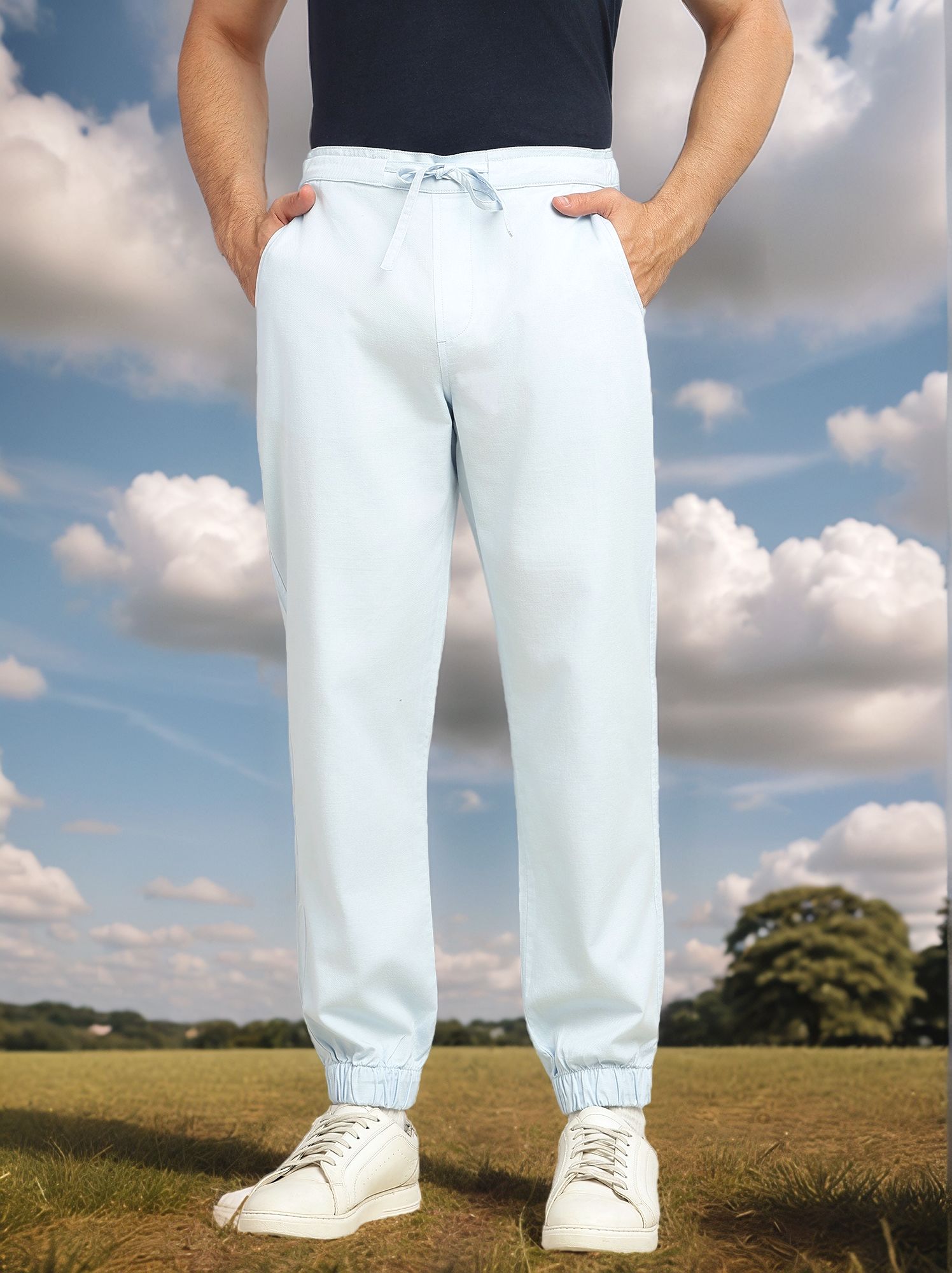 Thomas Scott Men Sky Blue Cricket Club Collection Regular Fit Mid-Rise Woven Joggers with Drawstring & 4 Utility Pockets