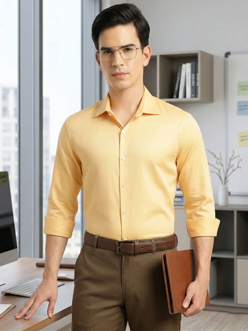 Thomas Scott Men Gold Regular Fit Long Sleeves Spread Collar Solid 100% Cotton Formal Shirt