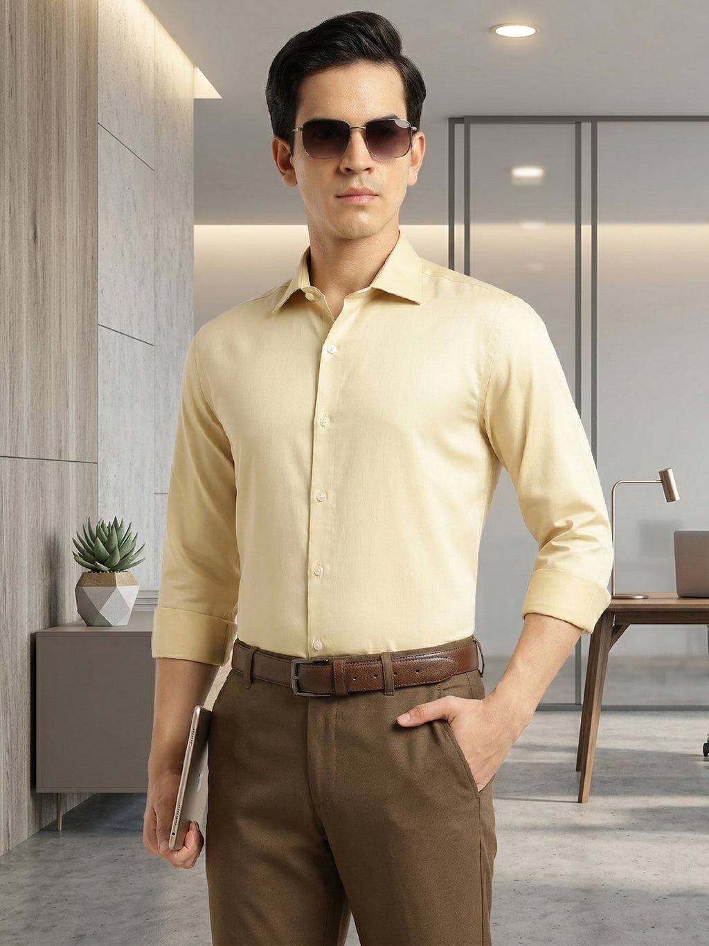 Thomas Scott Men Fawn Regular Fit Long Sleeves Spread Collar Solid 100% Cotton Formal Shirt