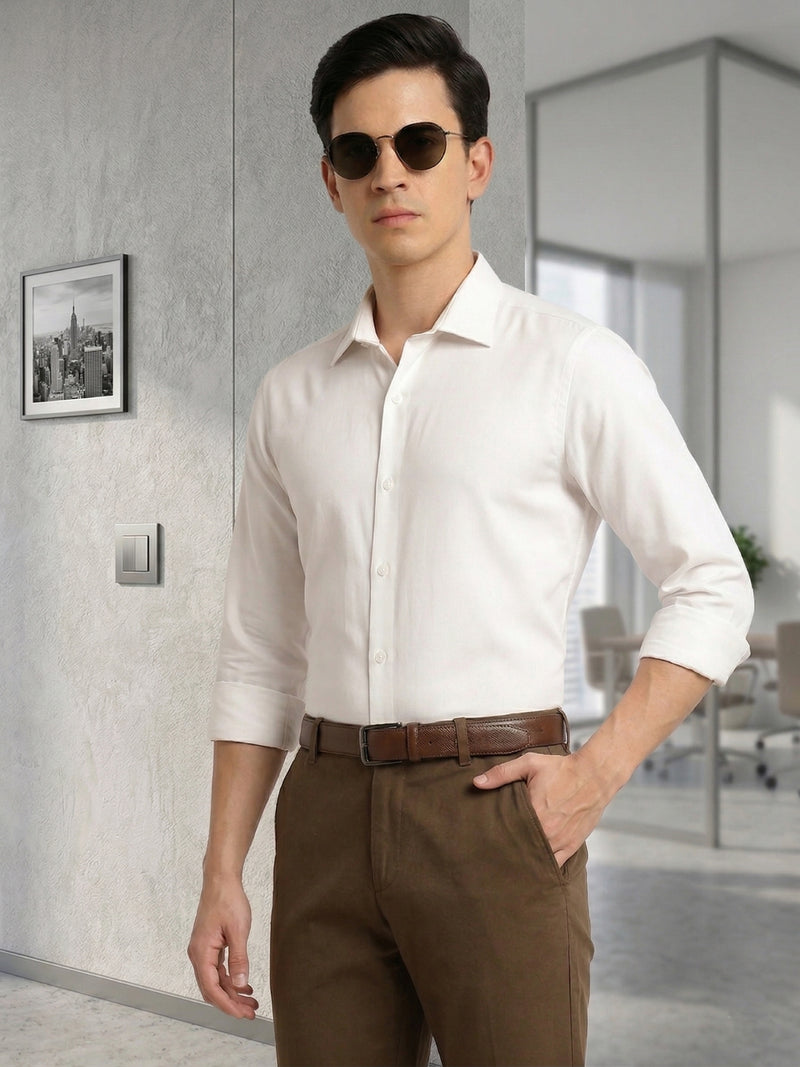 Thomas Scott Men White Regular Fit Long Sleeves Spread Collar Solid 100% Cotton Formal Shirt