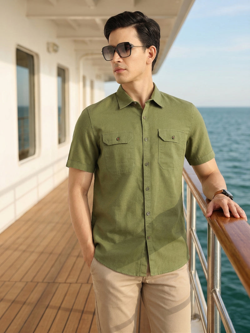 Thomas Scott Men Olive Premium Short Sleeves Slim Fit Spread Collar 2 Flap Pockets Solid Cotton Linen Casual Shirt