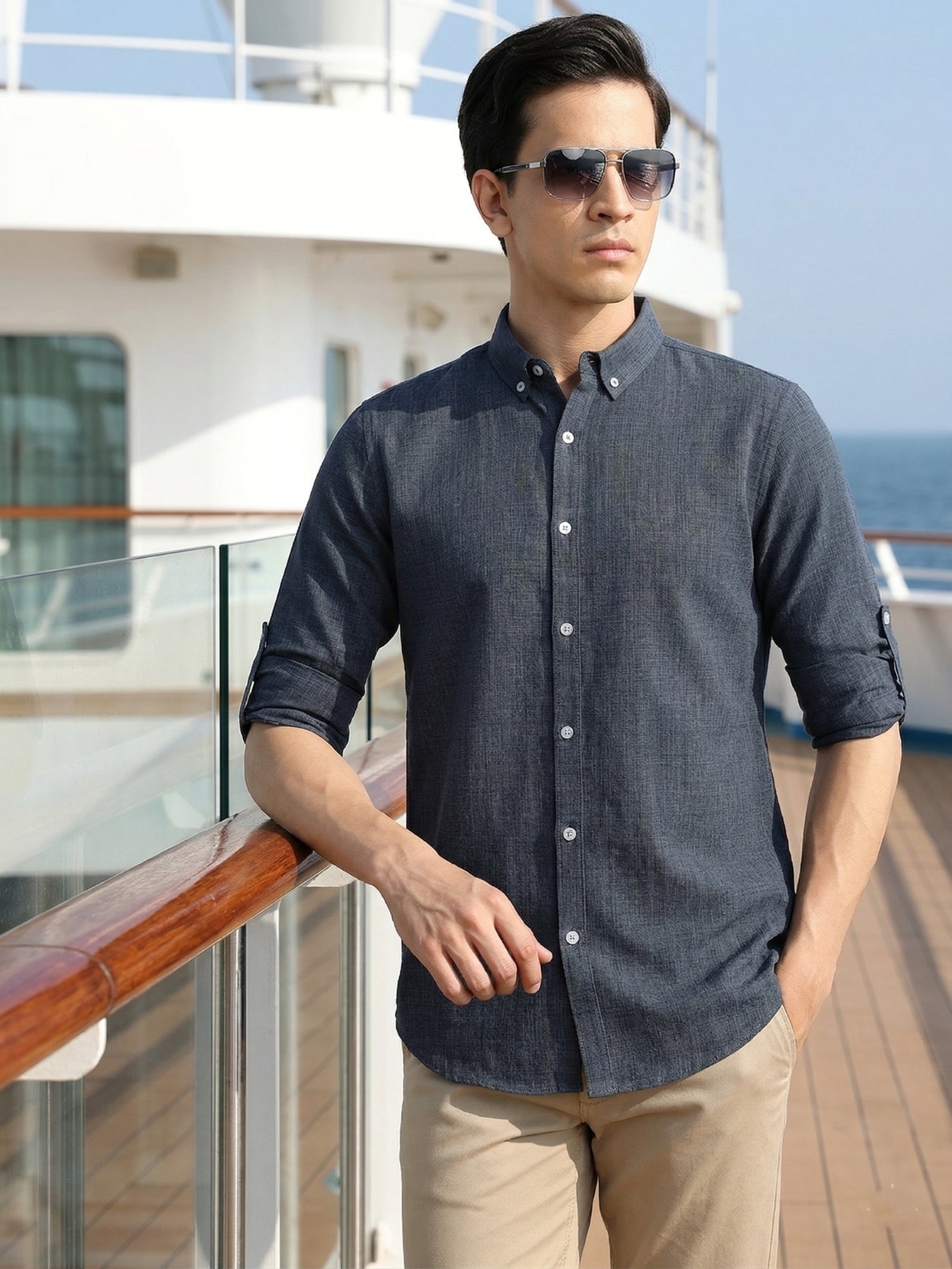 Thomas Scott Men Mid Blue Slim Fit Long Sleeves Button-Down Collar Polyester Casual Shirt